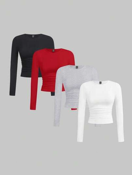 SHEIN EZwear Multi-Color Knit Women's Crew Neck Long Sleeve Ruched Fitted T-Shirt Basics Tops Women Multi Pack Tops Women S Long Sleeve Tops Tight Fitted Tops Long Sleeve Crop Tops