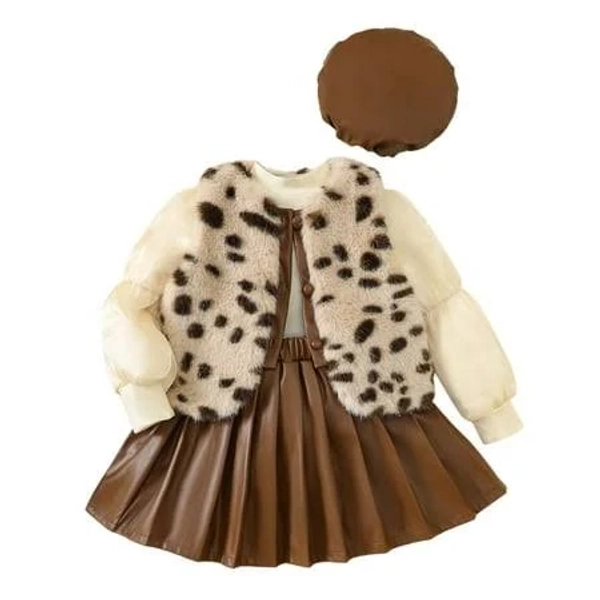 Kiijoy Girls Leopard Fuzzy Vest Puff Sleeve Top Pleated Skirt Hat 4Pcs Set, Sizes 4-5, Girl's, Size: 4-5 Years, Brown
