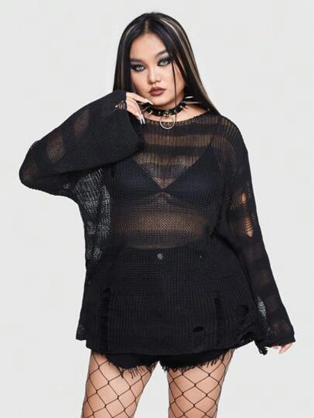 Grunge Punk Plus Ripped Drop Shoulder Sweater Without Bra