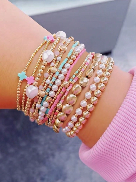 13pcs Women's Cross Bracelet Set, Colorful Beads, CCB Beads, Faux Pearl Multi-Layer Elastic Bracelets, Birthday Gift