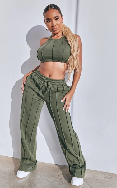 PRETTYLITTLETHING Shape Khaki Seam Detail Wide Leg Sweatpants