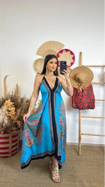 Vestido Indiano Longo Boho Costas Nadador com Alcinha, Toque de Seda - Hazel