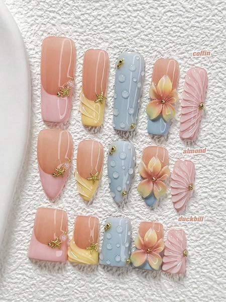 10Pcs Gentle Floral Style Handmade Nail Art Set,Polygel Nail Set,Starfish, Golden Pearl Nail Art Accessories,A Fresh And Refined Style,Includes Nail Tools,3 Sizes Available,Almond Nails , Duck Nails,Coffin Nails For Party, Dance, Daily Wear.