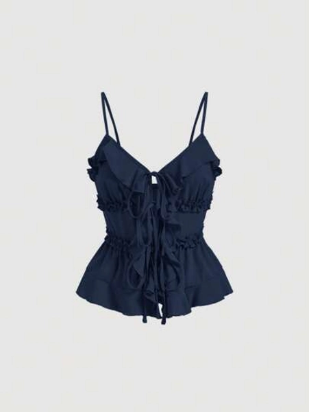SHEIN MOD Summer Navy Bodycon Ruffle Cup Wireless Bralette With Front Knot And Back Straps - Size L