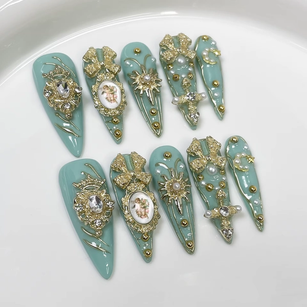 10Pcs Retro Green Stiletto Press On Nails