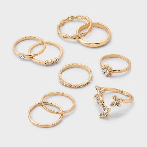 Crystal Floating Butterfly Ring Set 8pc- Wild Fable™ Gold: Stacking Rings, Recycled Zinc, Sizes 6-8