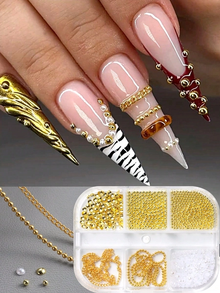 6 Slots Metal Ball & Faux Pearl Chain 3D Nail Art Decorations, Y2K Retro Style Nail Salon Accessories, DIY Nail Supplies Nails