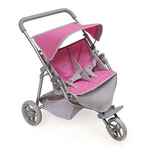 Badger Basket Folding Twin Doll Stroller 3 Wheel Doll Pram Jogging Style with Storage Basket 3 Point Harness Adjustable Footrest Fits Two 18 Inch Dolls for Realistic Pretend Play Gray Pink, Playtime Accessory, Compact Doll Carrier, Reinforced Harness System, Sturdy Wheel Design, Twodoll Stroller, Parents Of Doll Collectors