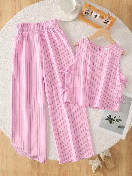 SHEIN Tween Girls 2-Piece Striped Tank Top and Loose Fit Pants Outfit Set