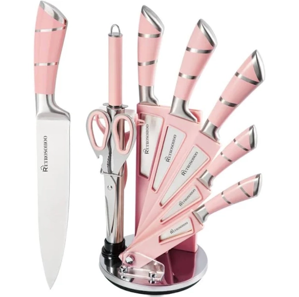 Kitchen Knife Set Retrosohoo 9-Pieces Pink Sharp Non-Stick Coated Chef Knives Block Set,Stainless Steel Knife Set for Kitchen with Sharpener