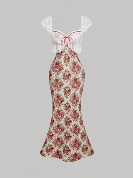 SHEIN MOD Vintage Pink Rose Print Lace Dress For Women, Romantic Valentine's Day Outfit, Date Dress New Years Women Dress Party Women Outfits