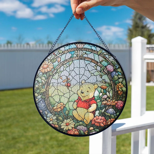 Winnie The Pooh Bear Glass Suncatcher, Wind Spinner, Winnie Bear, Garden Decoration, Window Hanging Home Decoration, Wall Hanging Decor