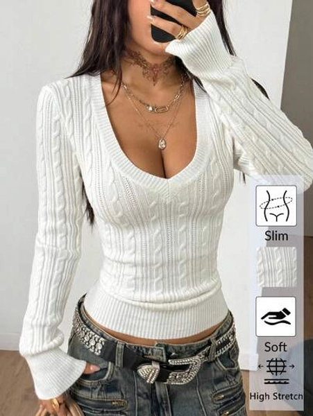 Coolane Women's Fall Winter Vintage Preppy Y2K Daily Wear Going Out Renaissance Fair Club Outfits White V-Neck Sweater