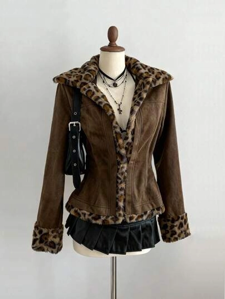 Elamini Y2K Retro Varsity Style Cropped Jacket With Fleece Collar For Women, Fitted Silhouette, Autumn/Winter