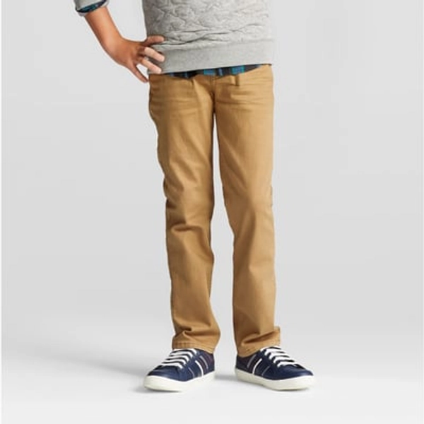 Boys' Stretch Straight Fit Jeans - Cat & Jack™ Khaki Wash 5: Adjustable Waistband, Mid Rise Denim