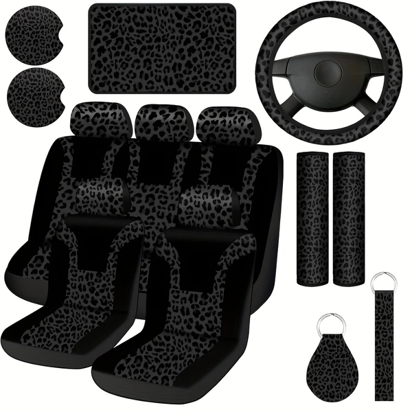 13pcs Leopard Print Car Accessories Set, Includes Seat Covers Set Steering Wheel Cover Coasters Armrest Pad Belt Pads Keychain And Wrist Strap for Decor, Christmas Gifts
