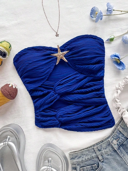 Soleia Women's Vacation White Knit Textured Fabric Fitted Strapless Top With Starfish Cutout Asymmetric Hem, Sexy Slim Fit Fashion Top For Party, Date, Valentine's Day, Carnival, Easter, Western, Music Festival, Beach, Cruise, Spring/Summer Blue Tube Top Royal Blue Tube Top Starfish Bathing Suit Royal Blue Top