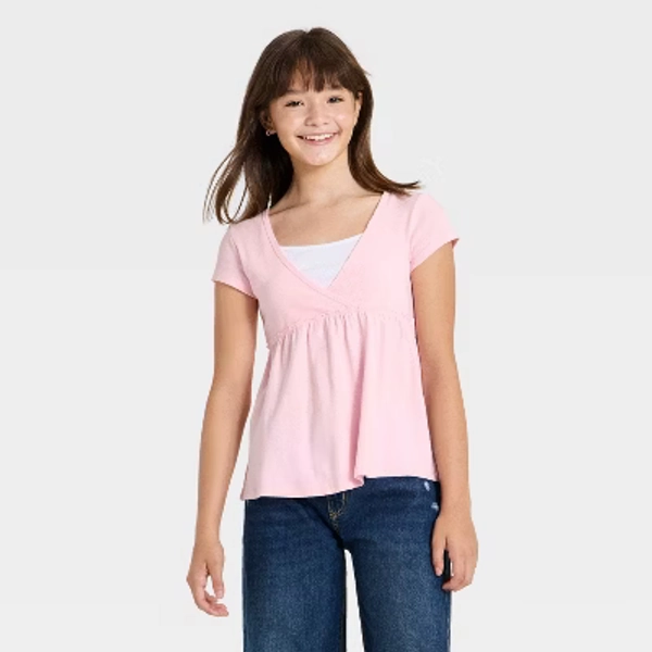 Girls' Layered Knit Short Sleeve Babydoll Top - art class™ Pink S