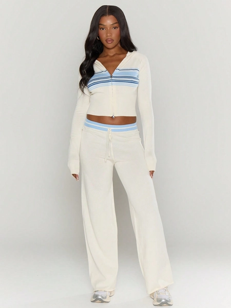 MUSERA Low Rise Contrast Drawstring Waistband Wide Leg Lightweight Knit Trousers Only Spring Summer Vacation Elegant Beach Cute Airport Everyday