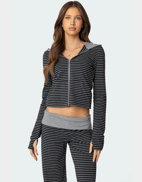 EDIKTED Meggy Striped Zip Up Hoodie - BLACK