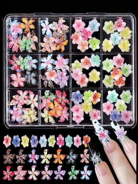 12 Grids 3D Mixed Style Carved Ice Crystal Flower Nail Decoration Nail Charms,Fruit Jelly Color Resin 3D Lily Flower Wearable Nail Accessories Crystal Gem, Luxury Nail Decoration, Suitable For Men And Women, Nail Art Accessories, Nail Decoration | Elegant Nail Ornaments | Crystal Gem Flower, Nail Decoration Nail Supplies Nails Nail Gems