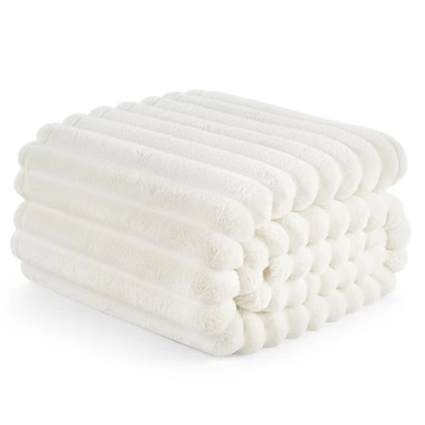 Ribbed Plush Bed Blankets Soft Textured Solid Striped Fleece Blanket Decorative & Gift able Warm Blankets - Queen Size 90'' x 90'' (Off White)