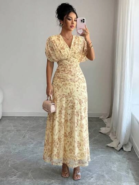 Elenzga Women's Elegant French Style Vacation Loose V-Neck Drop Shoulder Ruched A-Line Maxi Dress, Suitable For Beach, Afternoon Tea, Party