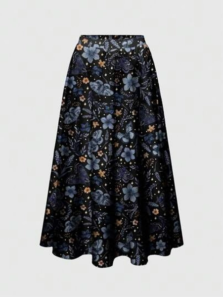 Plus Size Loose Fit Floral, Gothic, Mysterious Garden, Butterfly, Sun & Moon Print Skirt