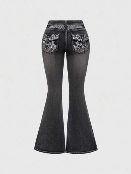 ROMWE Fairycore Women's Y2K Vintage Skeleton Wing Embroidered Rhinestone Low Waist Flare Jeans