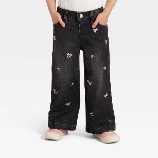 Toddler Girls' Embroidered Wide Leg Denim Pants - Cat & Jack™ Black 12M