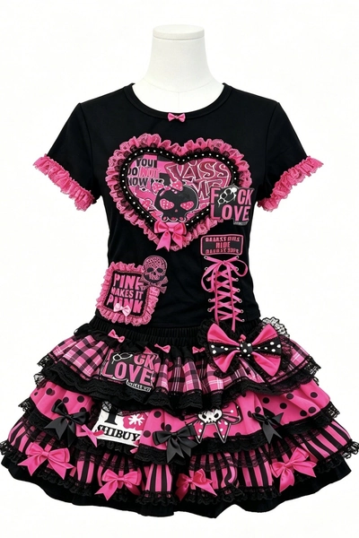 Red Devil Punk Style Black Pink T-shirt and Gyaru Skirt