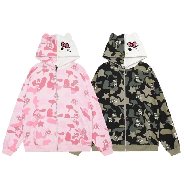 [Officially Licensed] Sanrio Hello Kitty Women's Pullover Hoodie  Camouflage& Star Print Zipper Jacket Three Styles to Choose Cute Kawaii Street Style Sweatshirt