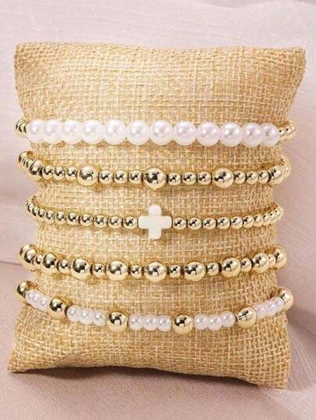 Bohemia Golden Beaded Bracelets For Women Faux Pearl Stackable Stretch Bead Ball Bracelet Cross Jewelry Set Gifts For Woman Teen Girls Valentine's Day Jewelry Gifts
