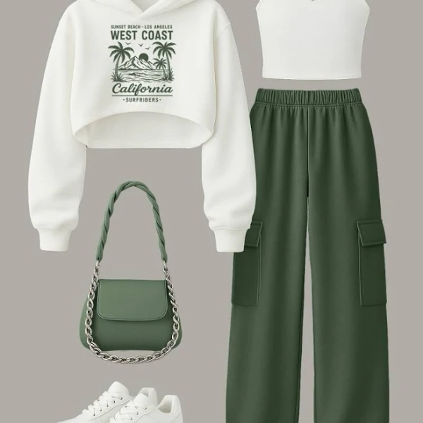 Girls' Hawaiian-Themed Oversized Hoodie & Crop Top with Cargo Pants