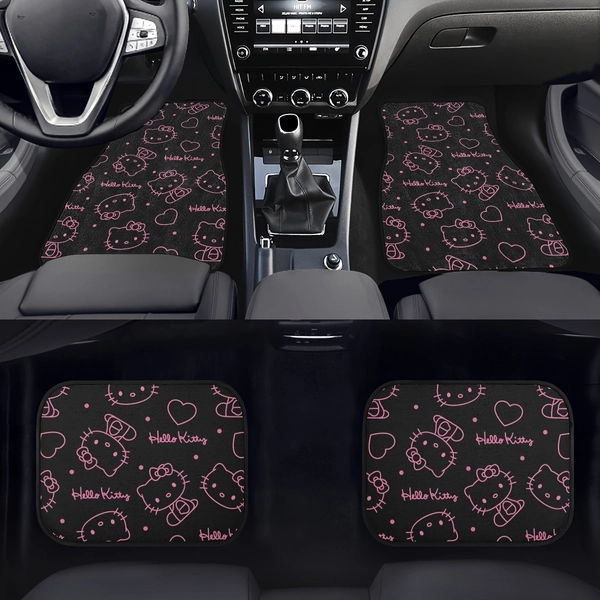 4pcs Hello Kitty Friends Fit Car Floor Mats - Full Coverage Front & Rear Seats, Anti-Slip All-Weather Protection, Cute Hello Kitty Designs (Pink Hearts) - Easy-to-Clean Auto Interior Accessories for Sanitary & Stylish Driving Experience - Perfect Gift for Hello Kitty Fans, Playful Design, Durable Protection, Kawaii Lovers