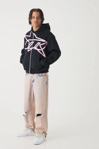 Oversized Boxy Star Printed Zip Through Hoodie | boohooMAN USA