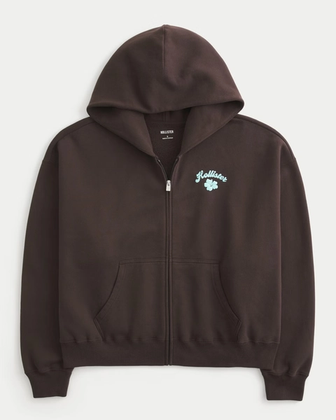 Hollister Feel Good Easy Zip-Up Logo Graphic Hoodie