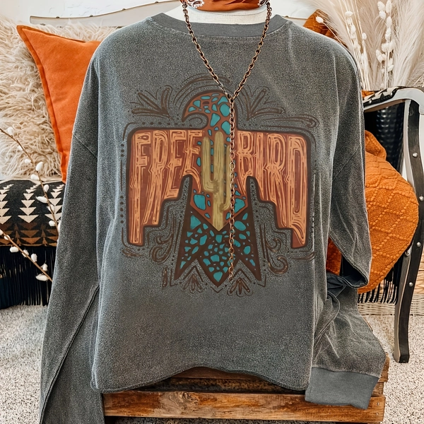 [Western Sweatshirt] 【imitation denim】0307Gwen, a Casual Women'S Top, Round Neck, Sweatshirt, Long Sleeves, Western Style, Western Cowboy Print, Women'S Clothing.