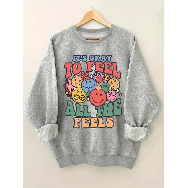 Women'S Emotional Support Hoodie - "It'S Okay to Feel All The Feels" Graphic Sweatshirt with Colorful & Face Print, Soft Round Neck Pullover