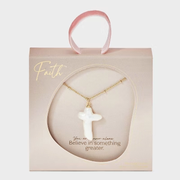 14K Gold Dipped Pearl Cross Necklace - Gold/Ivory
