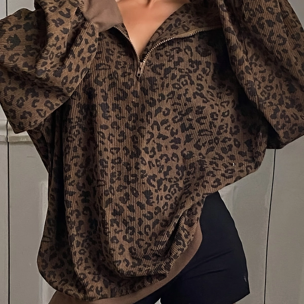 [Leopard Print Hoodie] Leopard Print Women's Casual Zip-Up Hoodie - Long Sleeve, Loose Fit, Half-Zip Design, Brown & Black Retro Style for Spring/Summer/Fall