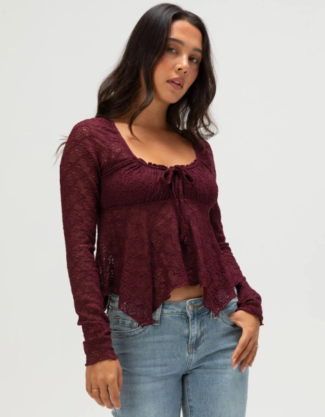 FULL TILT Lace Womens Babydoll Top - BURGUNDY