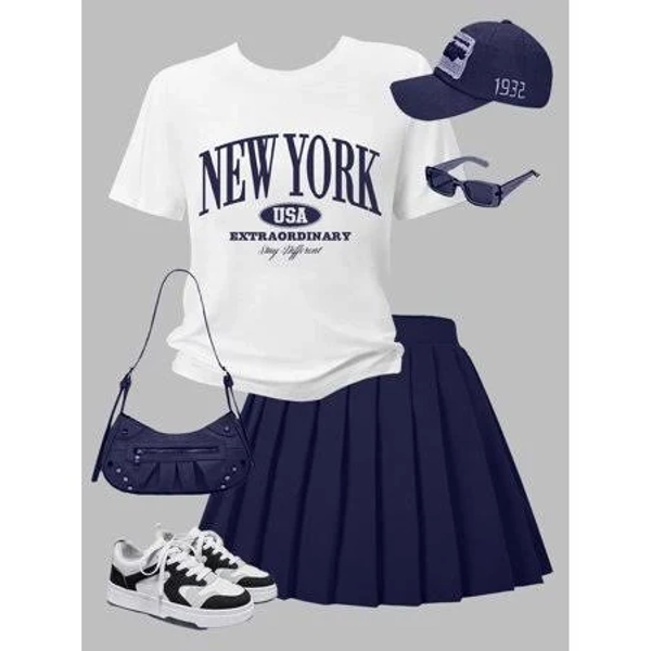 Okgogo Preppy Style Clothes For Big Girls Letter Print Short Sleeve Casual Tee Pleated Skirts Set 2Pcs Navy Blue 11, Girl's, Size: 11Y