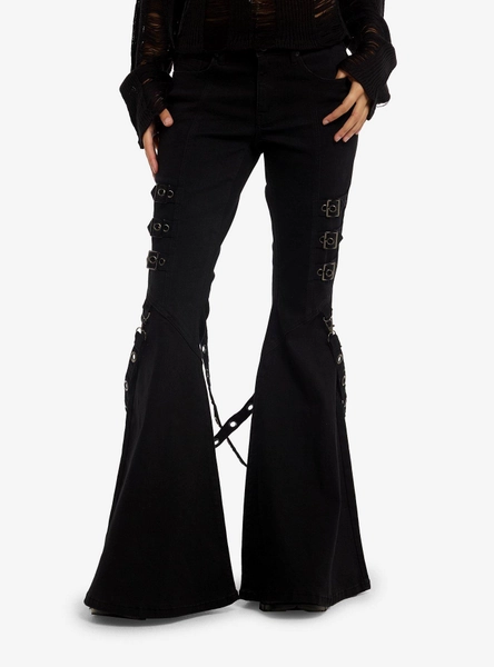 Social Collision Grommet Strap Buckle Low-Rise Flare Jeans