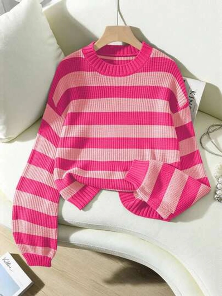 SoleilVie Women's Autumn/Winter Striped Loose Crew Neck Drop Shoulder Long Sleeve Casual Sweater,Long Sleeve Tops Knit Pullover Fall Outfit