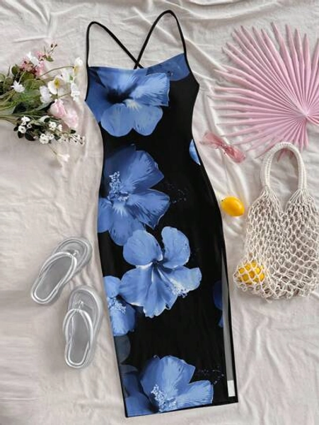 Soleia Casual Vacation Style Black & Blue Contrasting Tropical Floral Placement Print Long Maxi Dress For Women, Sexy Style Suitable For Summer Vacation Suitable For Going Out Blue Flower Dress Hawaiian Dress Chic Dress
