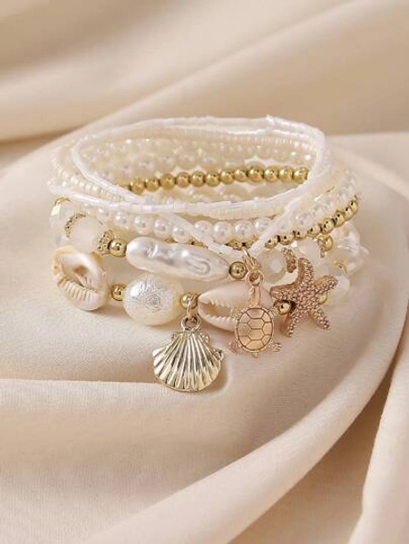 7pcs/Set Seashells, Pearls & Starfish Beads Layered Bracelet Set, Boho Stackable Design For Women, Beach Holiday Casual Wear, Random Shell Patterns, Great Gift Idea