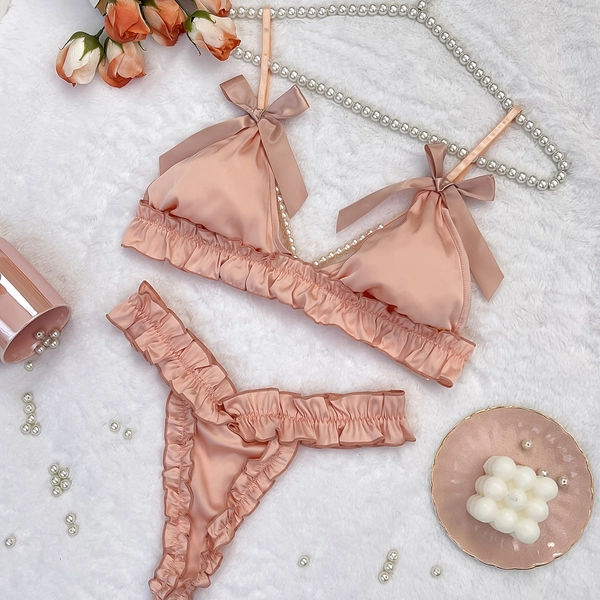 Sexy And Sweet Lingerie Set with Butterfly Knot, Pearl Temptation, Three-Point Bra And Panty Set