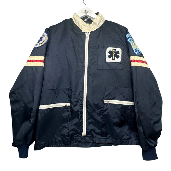 Vintage 70s DynaMed EMT Jacket Mens Small Navy Patches Full Zip Lined Removable