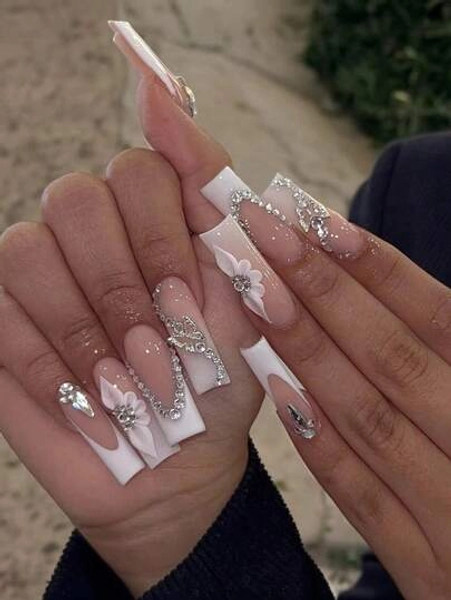 24Pcs Long Square Press On Nails White French 3D Butterfly Rhinestone Embellishments With Camellia Flower Fake Nails White Gradient False Nails For Women And Girls Nail Supplies Nails